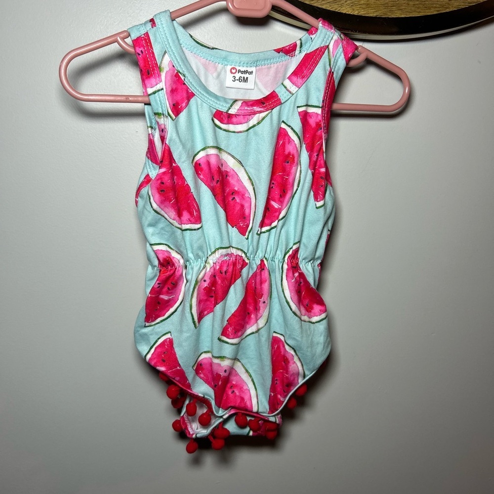 PatPat Watermelon Print Romper - Pink and Light Blue
